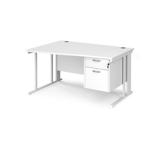 Maestro 25 left hand wave desk 1400mm wide with 2 drawer pedestal - white cable managed leg frame, white top