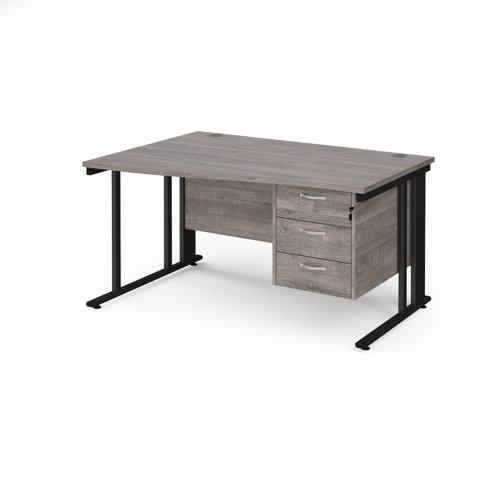 Maestro 25 Left Hand Wave Desk 1400mm Wide With 3 Drawer Pedestal Black Cable Managed Leg Frame Grey Oak Top