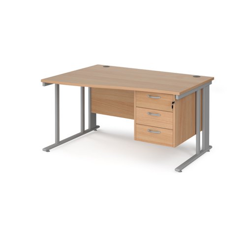 Maestro 25 left hand wave desk 1400mm wide with 3 drawer pedestal - silver cable managed leg frame, beech top