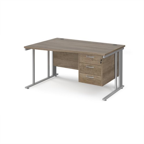 Maestro 25 left hand wave desk 1400mm wide with 3 drawer pedestal - silver cable managed leg frame, nebraska oak top