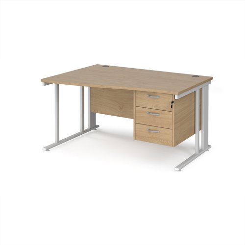 Maestro 25 left hand wave desk 1400mm wide with 3 drawer pedestal - white cable managed leg frame, kendal oak top