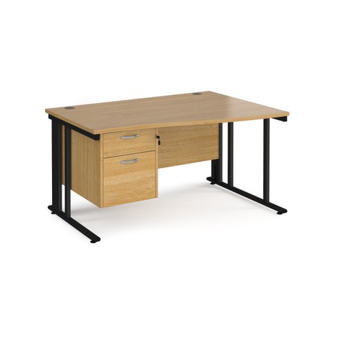 Maestro 25 right hand wave desk 1400mm wide with 2 drawer pedestal - black cable managed leg frame, oak top