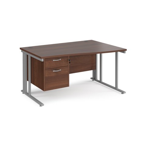 Maestro 25 right hand wave desk 1400mm wide with 2 drawer pedestal - silver cable managed leg frame, walnut top