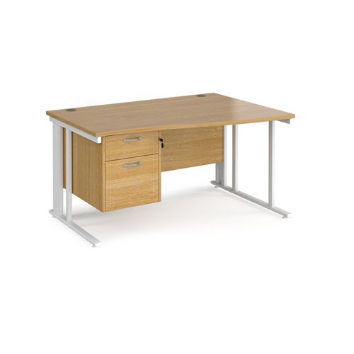 Maestro 25 right hand wave desk 1400mm wide with 2 drawer pedestal - white cable managed leg frame, oak top