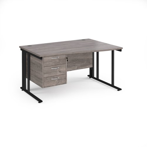 Maestro 25 right hand wave desk 1400mm wide with 3 drawer pedestal - black cable managed leg frame, grey oak top