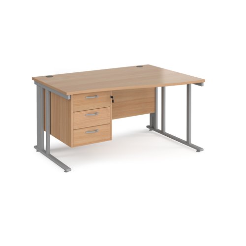 Maestro 25 right hand wave desk 1400mm wide with 3 drawer pedestal - silver cable managed leg frame, beech top