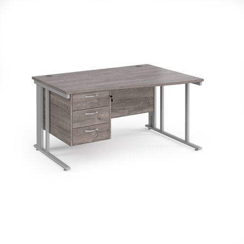 Maestro 25 right hand wave desk 1400mm wide with 3 drawer pedestal - silver cable managed leg frame, grey oak top