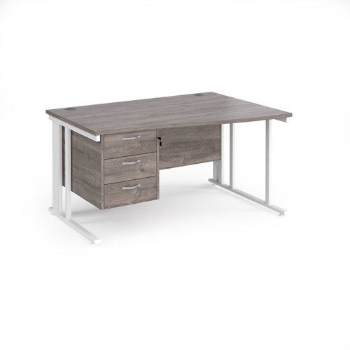 Maestro 25 Right Hand Wave Desk 1400mm Wide With 3 Drawer Pedestal White Cable Managed Leg Frame Grey Oak Top