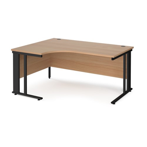 Maestro 25 left hand ergonomic desk 1600mm wide - black cable managed leg frame, beech top