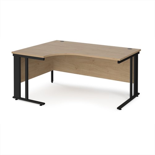 Maestro 25 left hand ergonomic desk 1600mm wide - black cable managed leg frame, kendal oak top