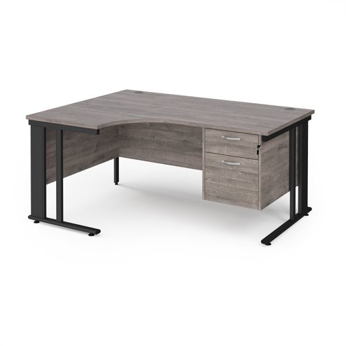 Maestro 25 Left Hand Ergonomic Desk 1600mm Wide With 2 Drawer Pedestal Black Cable Managed Leg Frame Grey Oak Top