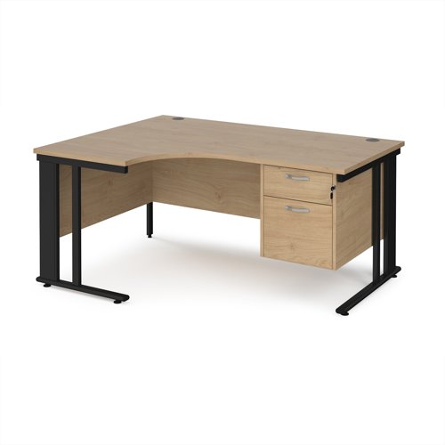 Maestro 25 left hand ergonomic desk 1600mm wide with 2 drawer pedestal - black cable managed leg frame, kendal oak top