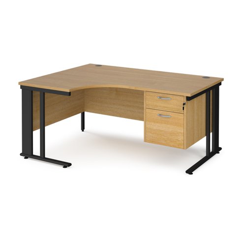 Office Desk Left Hand Corner Desk 1600mm With Pedestal Oak Top With Black Frame 1200mm Depth Maestro 25 Mcm16elp2ko