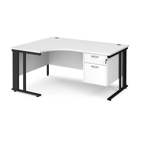 Maestro 25 left hand ergonomic desk with 2 drawer pedestal - black cable managed leg frame, white top