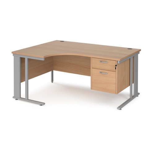 Maestro 25 left hand ergonomic desk 1600mm wide with 2 drawer pedestal - silver cable managed leg frame, beech top