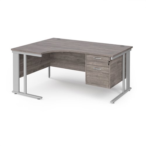 Maestro 25 left hand ergonomic desk 1600mm wide with 2 drawer pedestal - silver cable managed leg frame, grey oak top