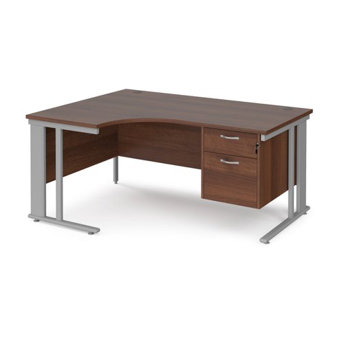 Maestro 25 left hand ergonomic desk 1600mm wide with 2 drawer pedestal - silver cable managed leg frame, walnut top