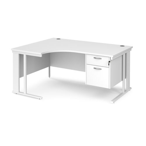 Maestro 25 left hand ergonomic desk 1600mm wide with 2 drawer pedestal - white cable managed leg frame, white top