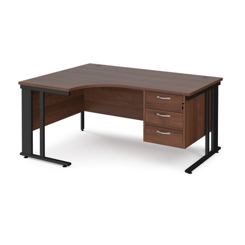 Maestro 25 left hand ergonomic desk 1600mm wide with 3 drawer pedestal - black cable managed leg frame, walnut top Office Desks MCM16ELP3KW
