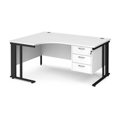 Maestro 25 left hand ergonomic desk 1600mm wide with 3 drawer pedestal - black cable managed leg frame, white top