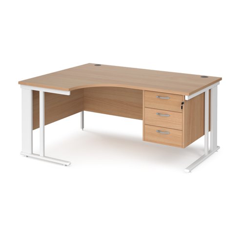 Maestro 25 left hand ergonomic desk 1600mm wide with 3 drawer pedestal - white cable managed leg frame, beech top