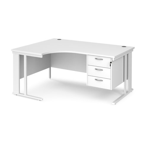 Maestro 25 left hand ergonomic desk 1600mm wide with 3 drawer pedestal - white cable managed leg frame, white top
