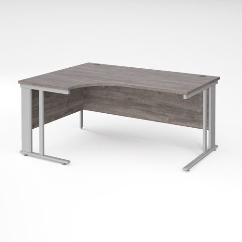 Maestro 25 left hand ergonomic desk 1600mm wide - silver cable managed leg frame, grey oak top