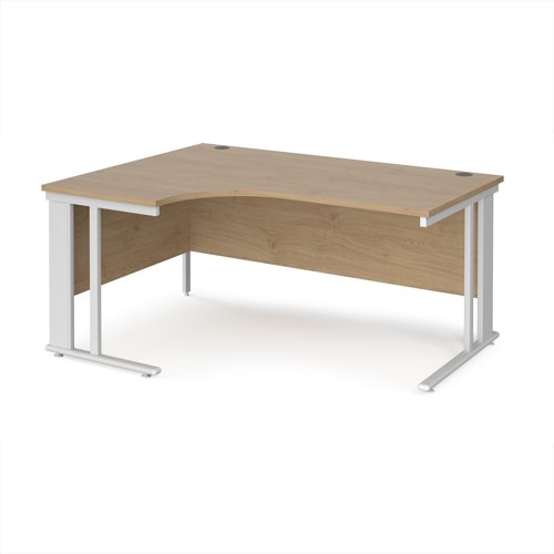 Maestro 25 left hand ergonomic desk 1600mm wide - white cable managed leg frame, kendal oak top