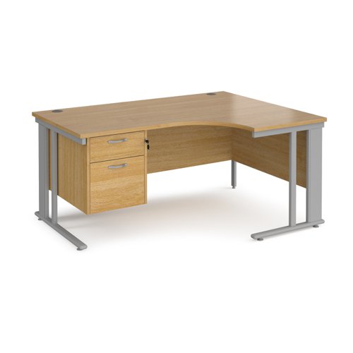 Maestro 25 right hand ergonomic desk 1600mm wide with 2 drawer pedestal - silver cable managed leg frame, oak top