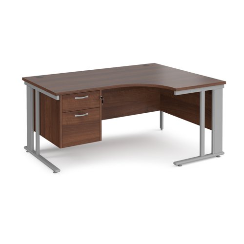 Maestro 25 right hand ergonomic desk 1600mm wide with 2 drawer pedestal - silver cable managed leg frame, walnut top