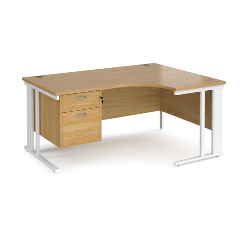 Maestro 25 right hand ergonomic desk 1600mm wide with 2 drawer pedestal - white cable managed leg frame, oak top