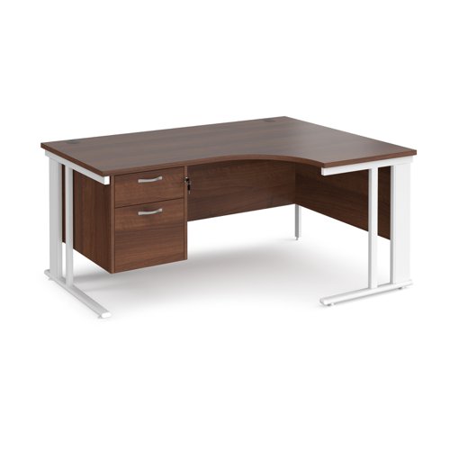 Maestro 25 right hand ergonomic desk 1600mm wide with 2 drawer pedestal - white cable managed leg frame, walnut top
