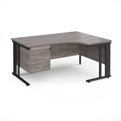 Maestro 25 right hand ergonomic desk 1600mm wide with 3 drawer pedestal - black cable managed leg frame, grey oak top