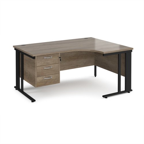 Maestro 25 right hand ergonomic desk 1600mm wide with 3 drawer pedestal - black cable managed leg frame, nebraska oak top