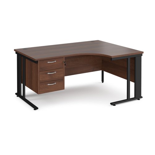 Maestro 25 right hand ergonomic desk 1600mm wide with 3 drawer pedestal - black cable managed leg frame, walnut top