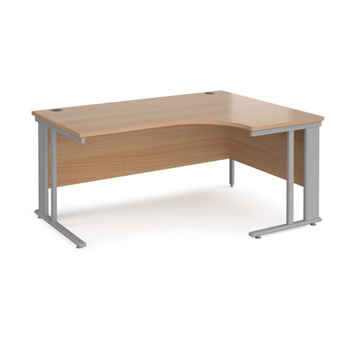 Maestro 25 right hand ergonomic desk 1600mm wide - silver cable managed leg frame, beech top