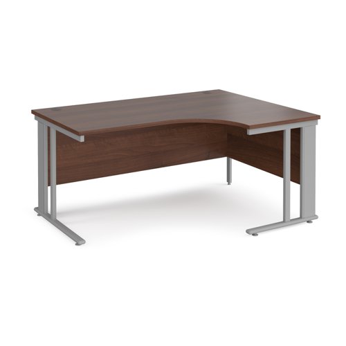 Maestro 25 right hand ergonomic desk 1600mm wide - silver cable managed leg frame, walnut top