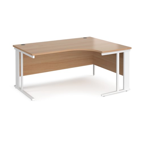 Maestro 25 right hand ergonomic desk 1600mm wide - white cable managed leg frame, beech top
