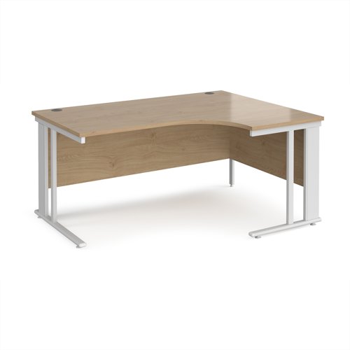 Maestro 25 right hand ergonomic desk 1600mm wide - white cable managed leg frame, kendal oak top
