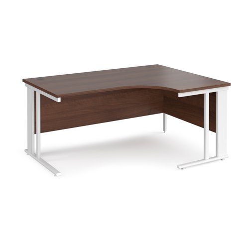 Maestro 25 right hand ergonomic desk 1600mm wide - white cable managed leg frame, walnut top