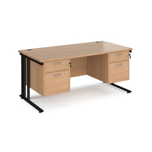 Office Desk Rectangular Desk 1600mm With Double Pedestal Beech Top With Black Frame 800mm Depth Maestro 25 Mcm16p22kb