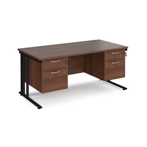 Office Desk Rectangular Desk 1600mm With Double Pedestal Walnut Top With Black Frame 800mm Depth Maestro 25 Mcm16p22kw