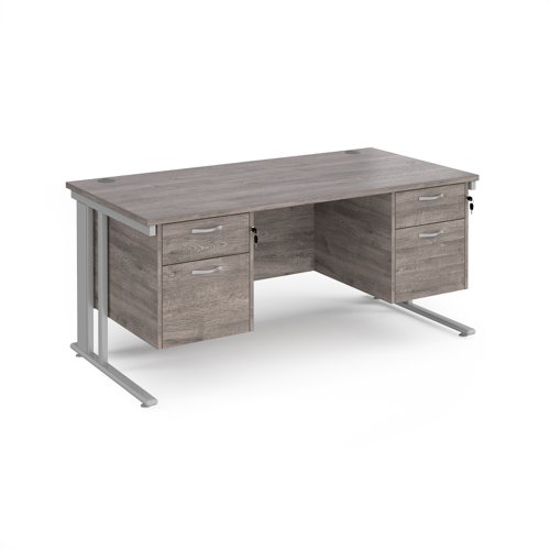 Maestro 25 straight desk 1600mm x 800mm with two x 2 drawer pedestals - silver cable managed leg frame, grey oak top