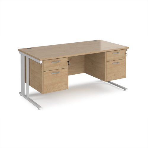 Maestro 25 straight desk 1600mm x 800mm with two x 2 drawer pedestals - white cable managed leg frame, kendal oak top