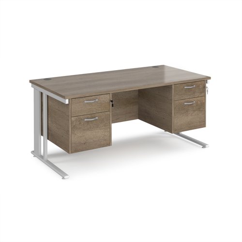 Maestro 25 straight desk 1600mm x 800mm with two x 2 drawer pedestals - white cable managed leg frame, nebraska oak top