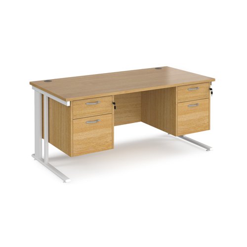 Maestro 25 straight desk 1600mm x 800mm with two x 2 drawer pedestals - white cable managed leg frame, oak top