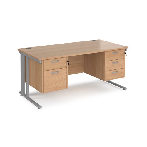 Office Desk Rectangular Desk 1600mm With Double Pedestal Beech Top With Silver Frame 800mm Depth Maestro 25 Mcm16p23sb