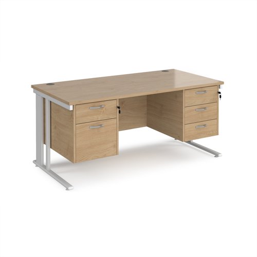 Maestro 25 straight desk 1600mm x 800mm with 2 and 3 drawer pedestals - white cable managed leg frame, kendal oak top
