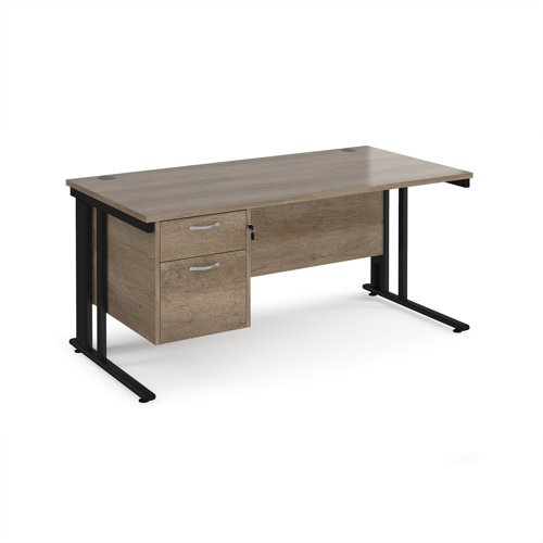 Maestro 25 straight desk 1600mm x 800mm with 2 drawer pedestal - black cable managed leg frame, nebraska oak top