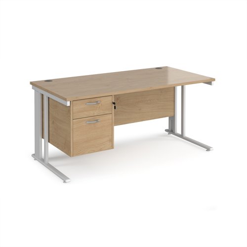 Maestro 25 straight desk 1600mm x 800mm with 2 drawer pedestal - white cable managed leg frame, kendal oak top